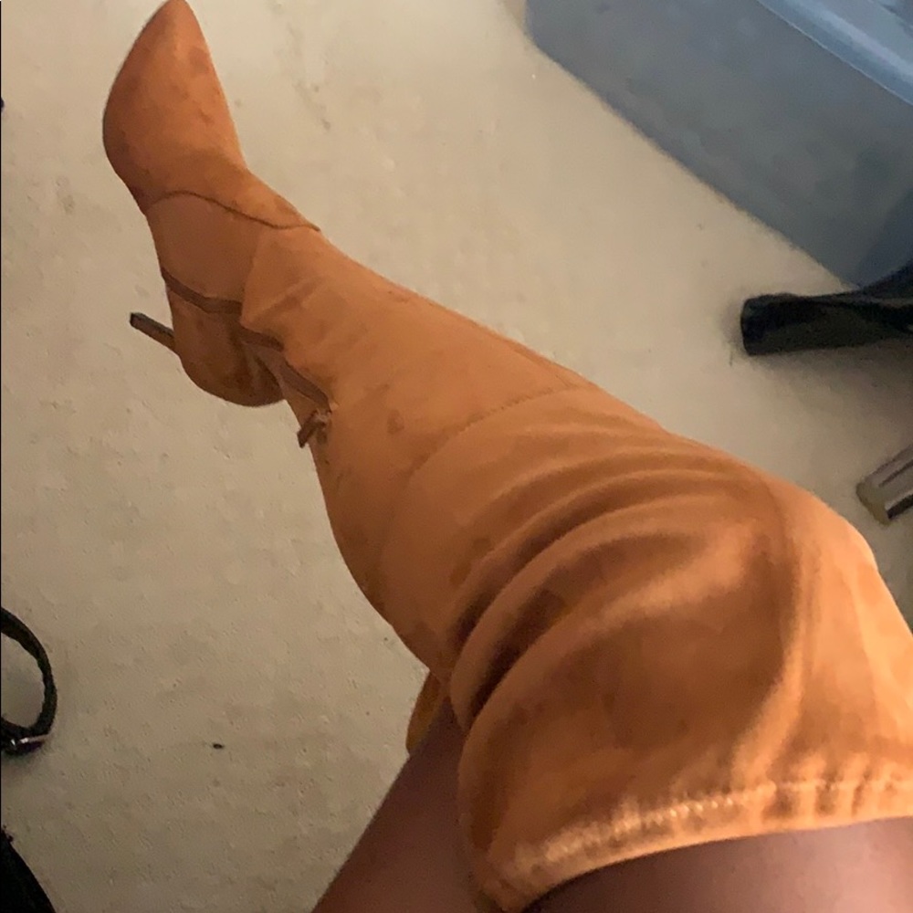 Suede thigh high pointy toe boot